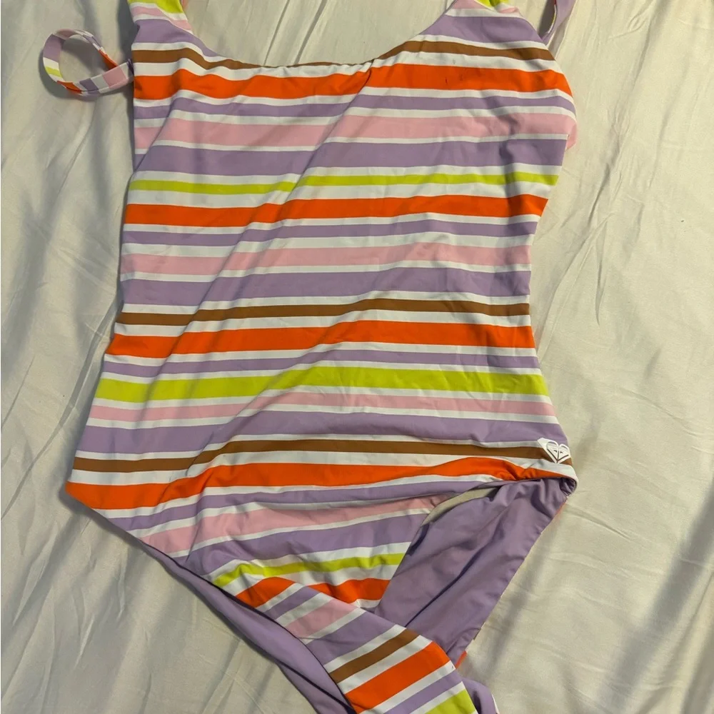 Roxy Purple and Orange One Piece Swimsuit with Modern Stripes - Picture 3 of 5